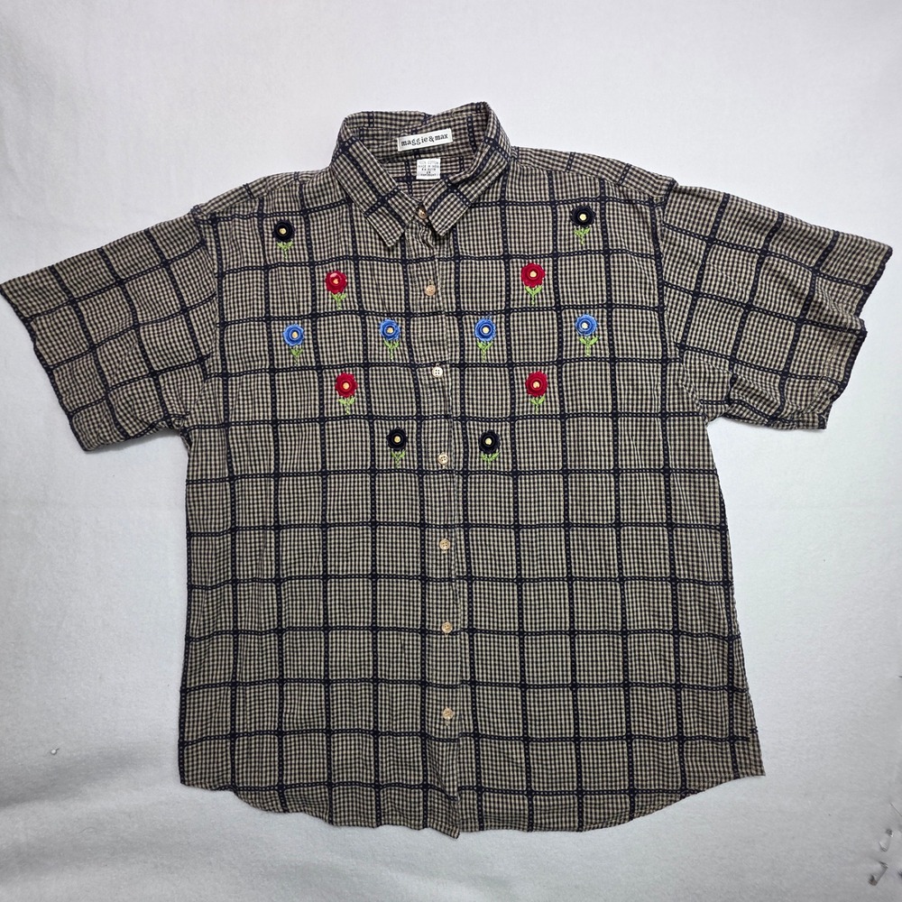Maggie & Max Plus Size 2X Gingham Floral Embroidered Cotton Button Down Shirt